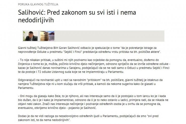 ГЛАВНИ ТУЖИЛАЦ JE У МЕДИЈИМА ЈОШ ЈЕДНОМ ИСТАКАО ДА СУ СВИ ГРАЂАНИ ЈЕДНАКИ ПРЕД ЗАКОНОМ И ДА НЕМА НЕДОДИРЉИВИХ